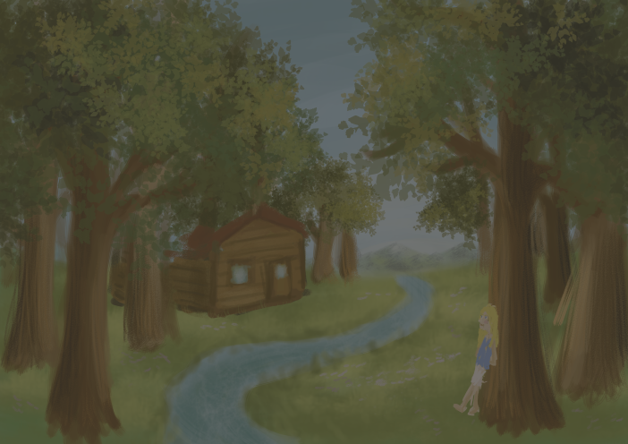 image d'une forêt, une cabane, une fille contre un arbre