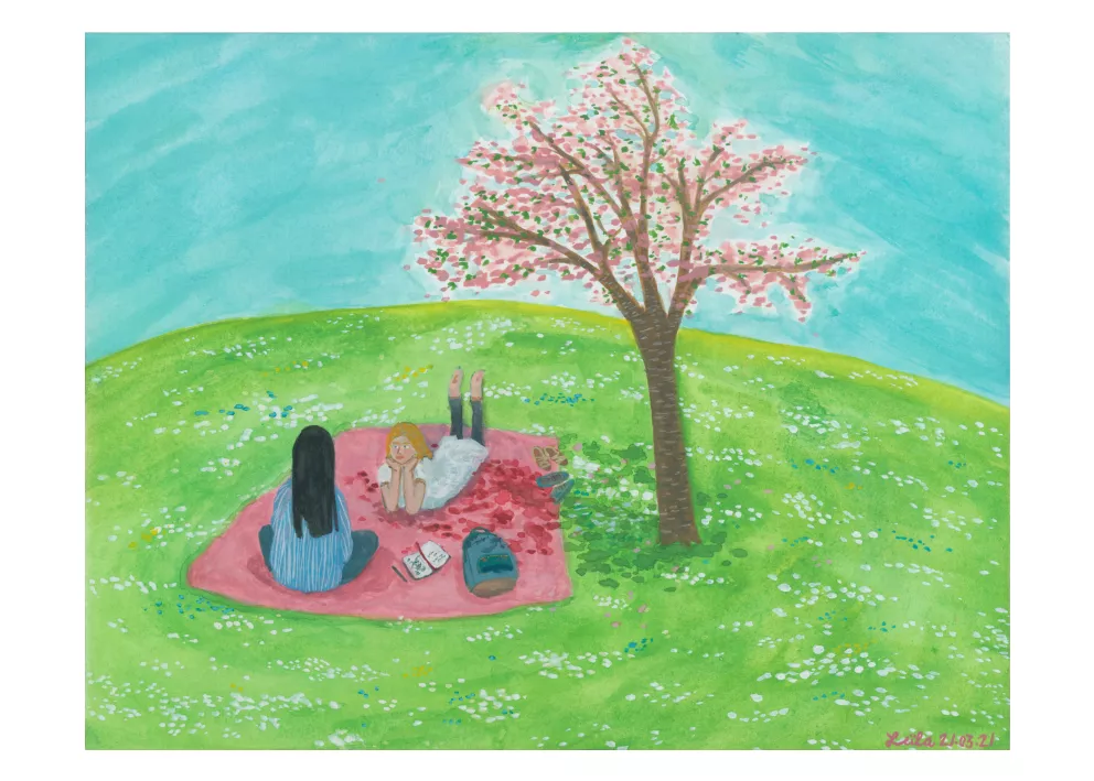 Peinture d'une scène de picnic sous le soleil