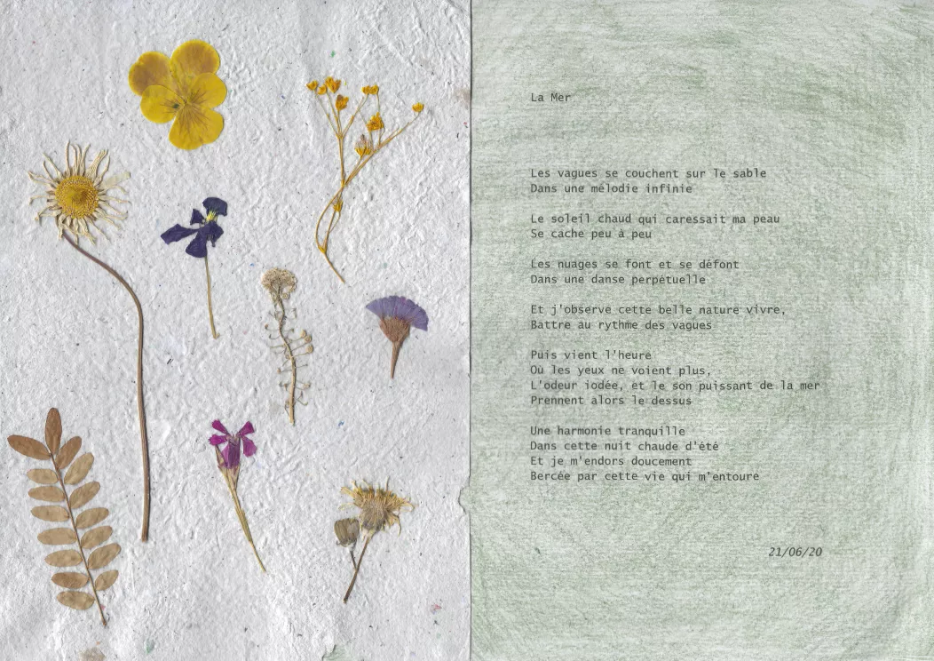 à gauche des fleurs séchées sur du papier recyclé, à droite un poème sur la mer