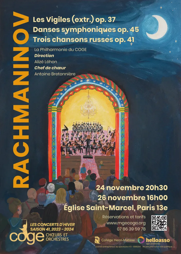 affiche représentant une foule de spectateurs rentrant par une porte style Russe dans une église
			où se déroule le concert de la formation philharmonique, avec tous les musiciens et la cheffe d'orchestre Alizé Léhon.