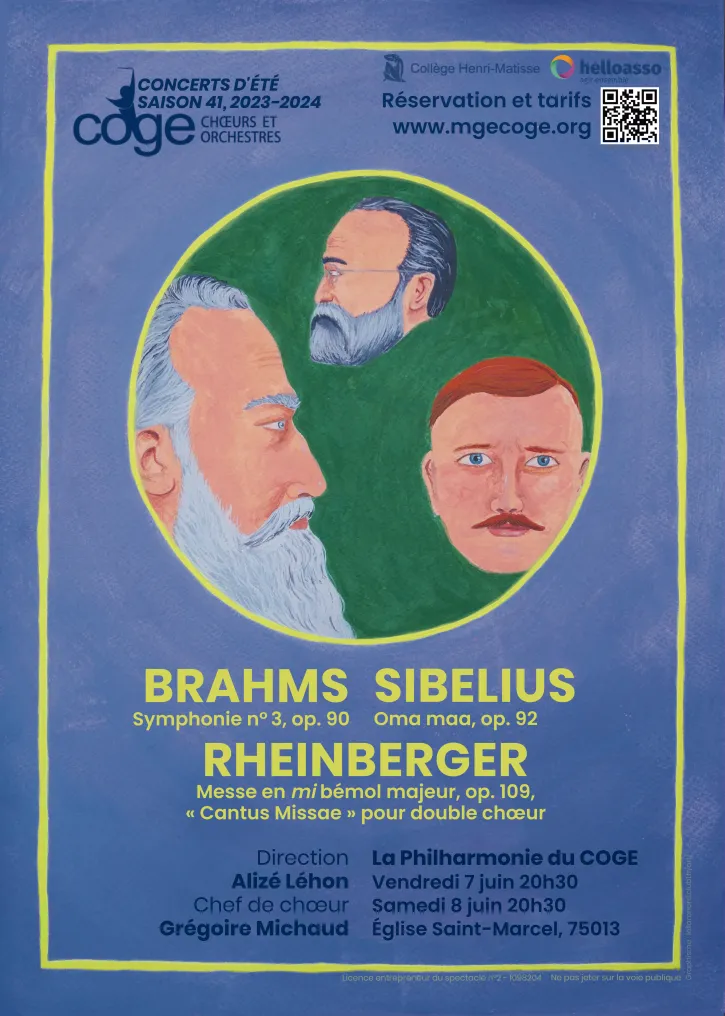 affiche représentant les visages des 3 compositeurs (Brahms, Rheinberger, Sibelius)
			dans un rond au fond vert cerclé de jaune fluo. Le fond de l'affiche est violet, avec un liseré jaune fluo.